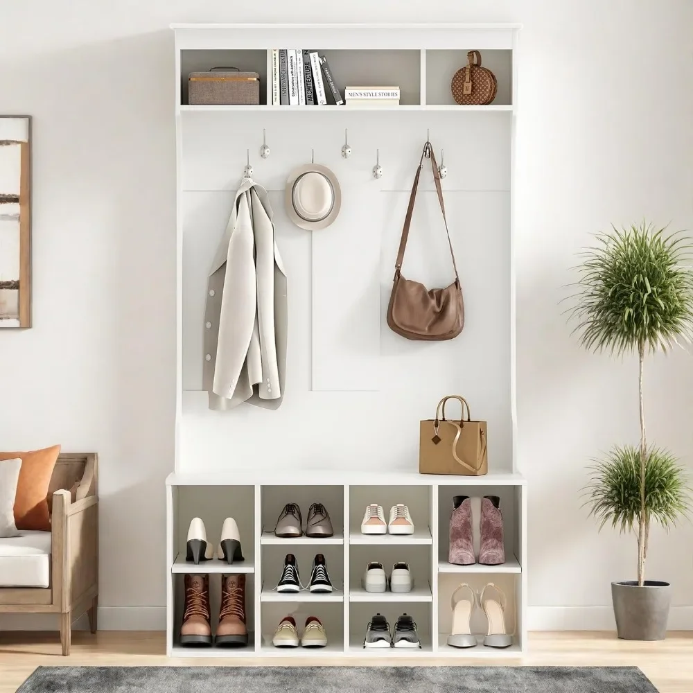 

Coat Racks with Storage, Farmhouse Hall Tree W/7 Hooks, Shoe Rack W/Coat Rack for Entryway Hallway, Coat Racks Easily Assembled