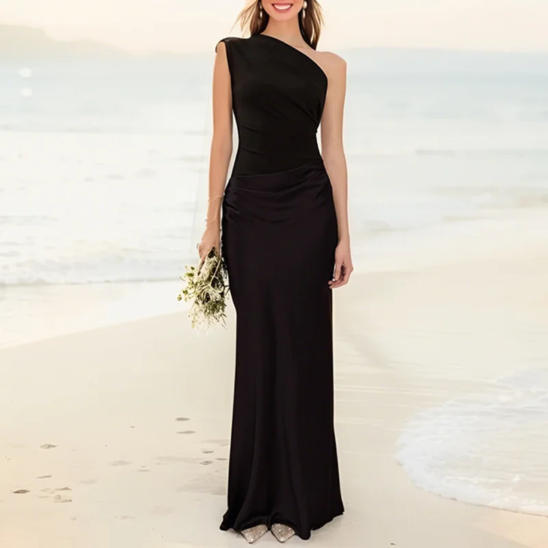 Seksowna sukienka na jedno ramię Elegancka długa sukienka damska Skew Collar Hollow Boho Dress Wiosna Lato Bez pleców Sukienka bez rękawów Party Dress