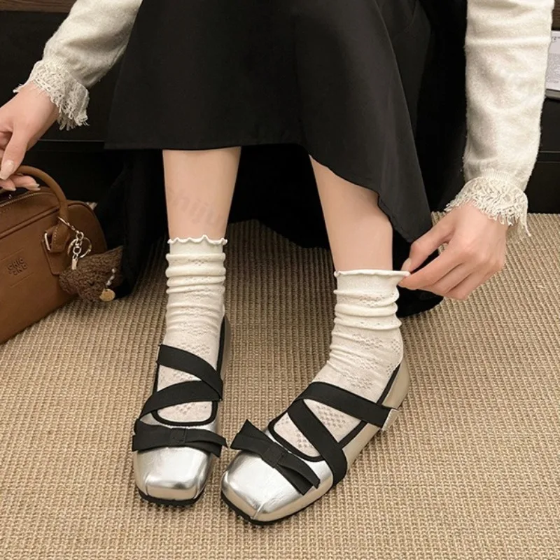 Eleganckie, codzienne baleriny Mary Jane z kokardą dla kobiet, nowość na wiosnę 2025, wygodne, płytkie, w stylu baletowym, płaskie czółenka.