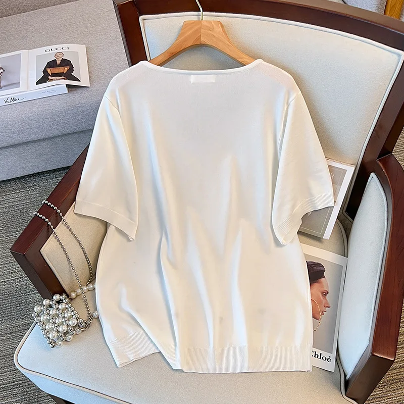 Large Size Women\'s Summer Clothing Ice Silk V-neck Knitted Tops Chubby Female Show Slim 100/150kg Short Sleeved T-shirt 6XL 7XL