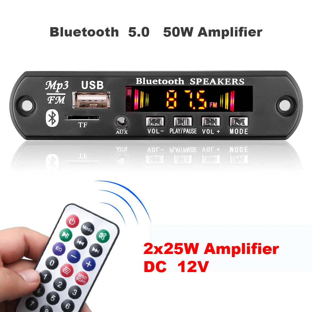 Amplificador con Bluetooth, placa decodificadora de Audio MP3, 2x25W, 50W, 5V, 12V, 18V, fuente de alimentación USB, TF, Radio FM, reproductor MP3