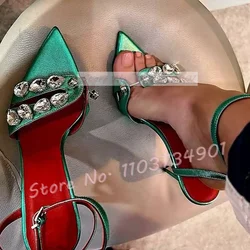 Crystals Rivets Ankle Strap Sandals Female Sexy Pointy Toe Stiletto High Heels Shoes Lady Elegant Gems Luxury Party Sandals