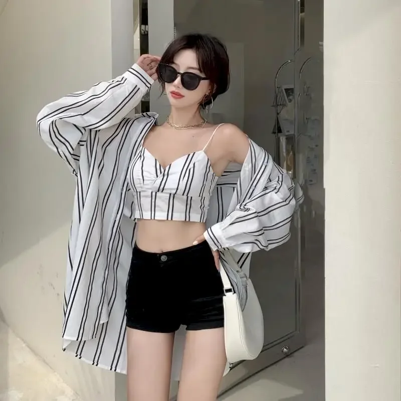 

Womens Shirts 2024 Summer New Lazy Loose Striped Shirt Short Sexy Camisole Two Piece Set Aesthetic Clothes Sling Blouse Sexy Top