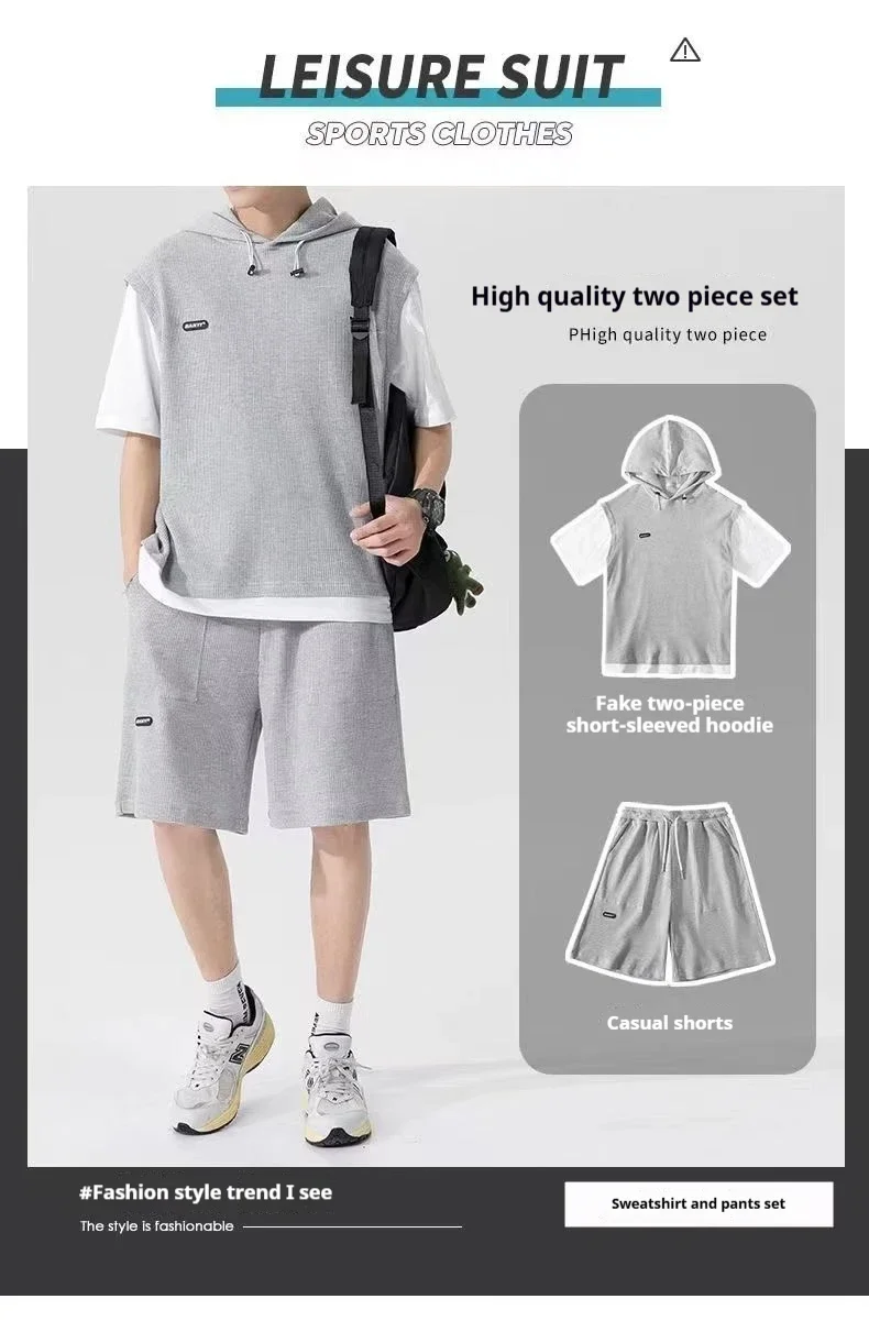 Men's Fake Two-Piece Sports Set: Quick-Dry Hooded T-Shirt with Shorts, Two-Piece Design, Stylish Casual Sporty Summer Apparel