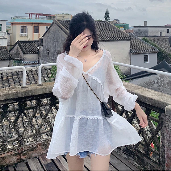 

Женский свободный плиссированный тонкий топ с кружевной отделкой и v-образным вырезом из полиэстера с v-образным вырезом и кружевной отделкой