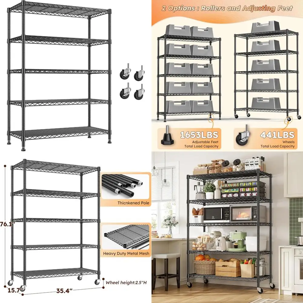 Estante de metal ajustável de 5 camadas com rodas e pés, racks de armazenamento de arame resistentes para dormitórios, comporta até 1653 LBS