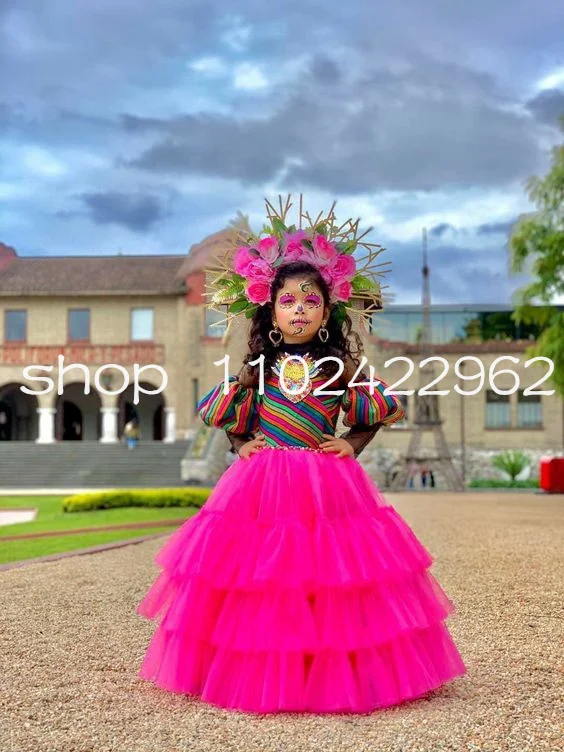 Vestidos de niña de flores mexicanos fucsia negros, vestido encantador de manga larga de catrina para niña, disfraz de princesa pequeña personalizado