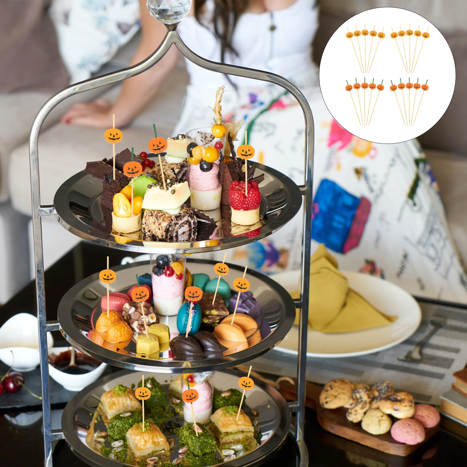 

200Pcs Pumpkin Elements Fruits Sticks Bamboo Appetizer Picks Decorative Picks for Halloween Party Desserts and Cocktails