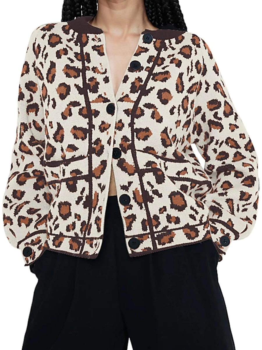 Women Leopard Cardigan Long Sleeve Button Closure Fall Casual Jacket Sweater with Pockets