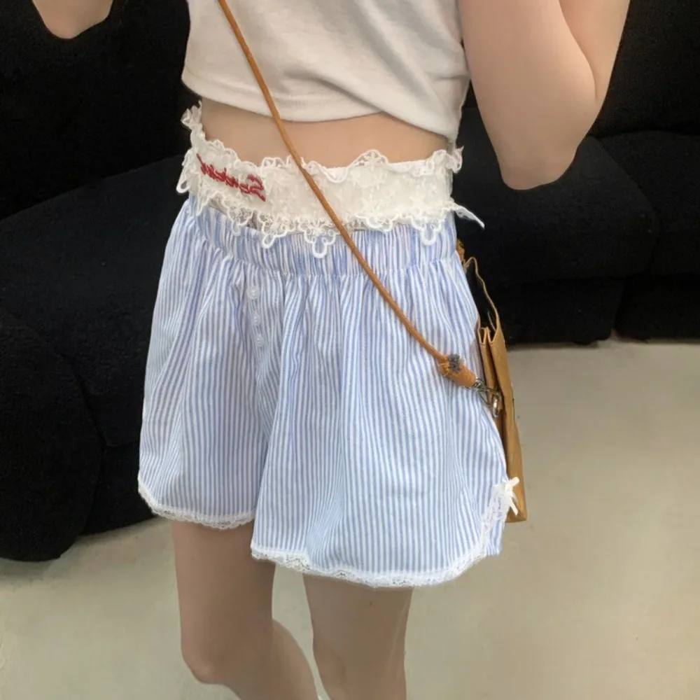 

Casual Loose Lace Plaid Shorts Mesh Flower Sweet High Waist Shorts Stripe Lolita Wide Leg Short Pants Summer