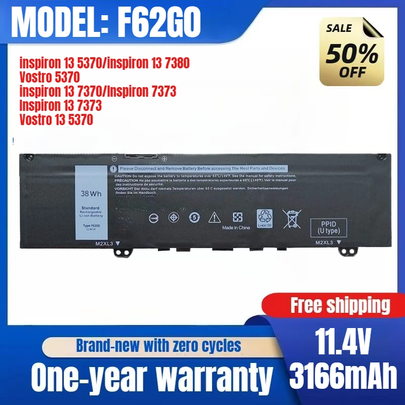 High Capacity For Dell F62G0 Inspiron 7370 7373 7380 5370 Laptop Battery