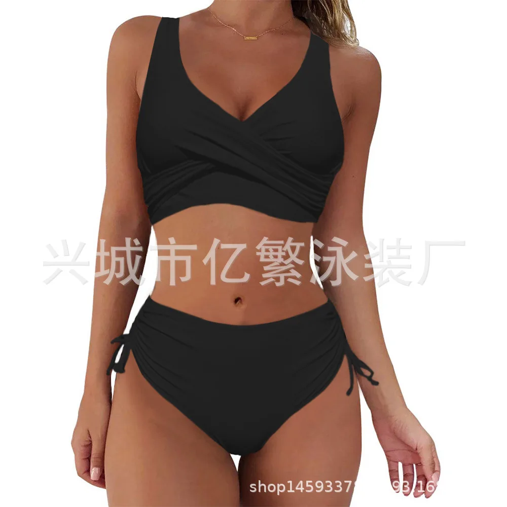 Split bikini solid color cross strap high waist solid color swimsuit European and American sexy swimsuit