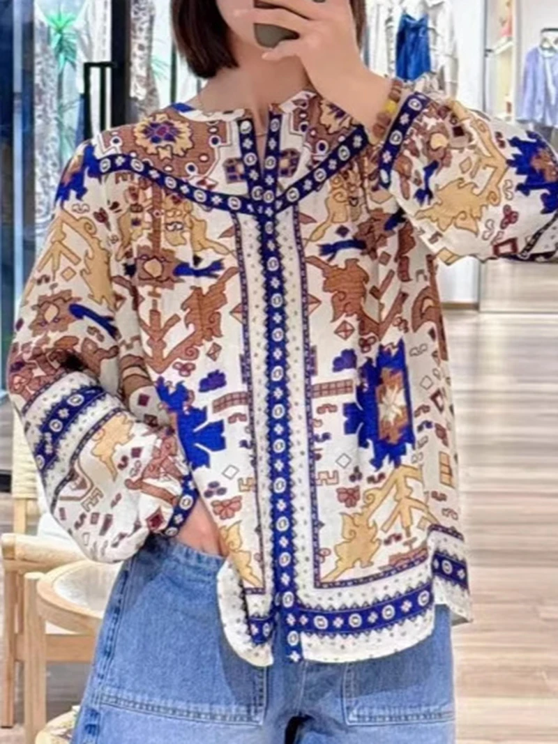 

Summer 2025 New Product Retro Printed Design Loose and Comfortable Round Neck Long Sleeve Shirt Top for Women