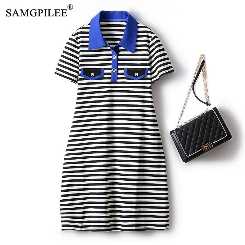 

Summer Dresses Woman 2022 Turn Down Collar Classic Horizontal Stripes Contrast Color A-line Mid-length Comfortable Dress Women