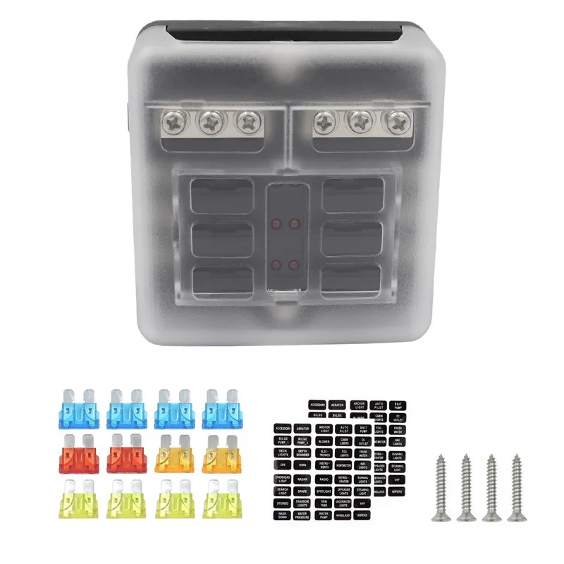 Car Boat Fuse Box Holder With 6 Way Blade Fuse Holder Block & Warning Indicator 32V Power Distribution Panel Board