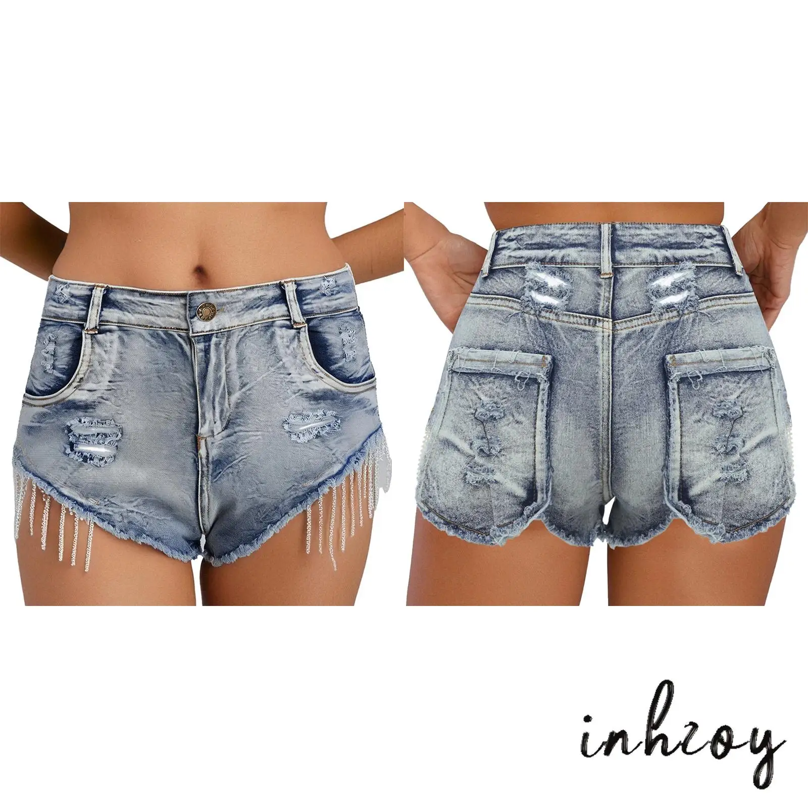 

Womens Frayed Denim Hot Shorts High Waist Rhinestone Fringe Ripped Booty Shorts Fashion Short Trousers for Daily Bar Party Club