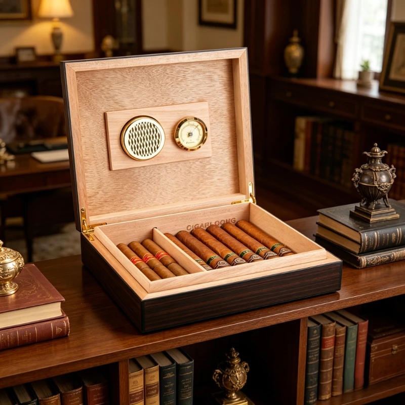

35-Cigar Humidor with Thermometer Humidifier Bug Proof Aging Sealed Storage Premium Cedar Box for Cigar Lovers