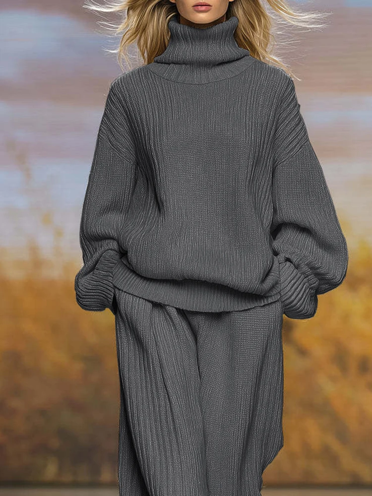 

Женские осенне-зимние новые модные однотонные вязаные пуловеры из двух предметов и брюки с карманами, элегантные теплые однотонные комплекты свитеров для поездок на работу