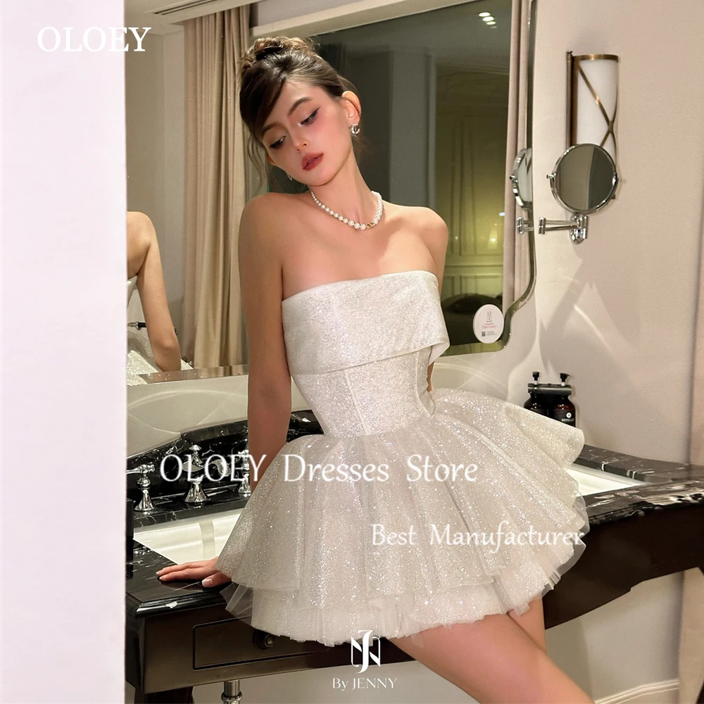 

OLOEY Glitter Ivory Puffy Mini Prom Cocktail Dress Korea Photoshoot Strapless Wedding Party Dress A Line Sleeveless Customized