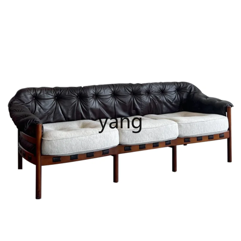 Yjq Sofa Living Room Small Apartment Three-Seat Straight Row Fabric Real Retro Style Genuine Leather