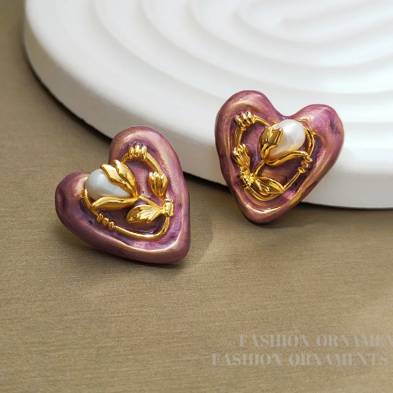 Retro Jewelry Original Design Elegant Enamle Heart Stud Earrings For Women Female Gifts Delicate Design Ear Accessories Hot Sale