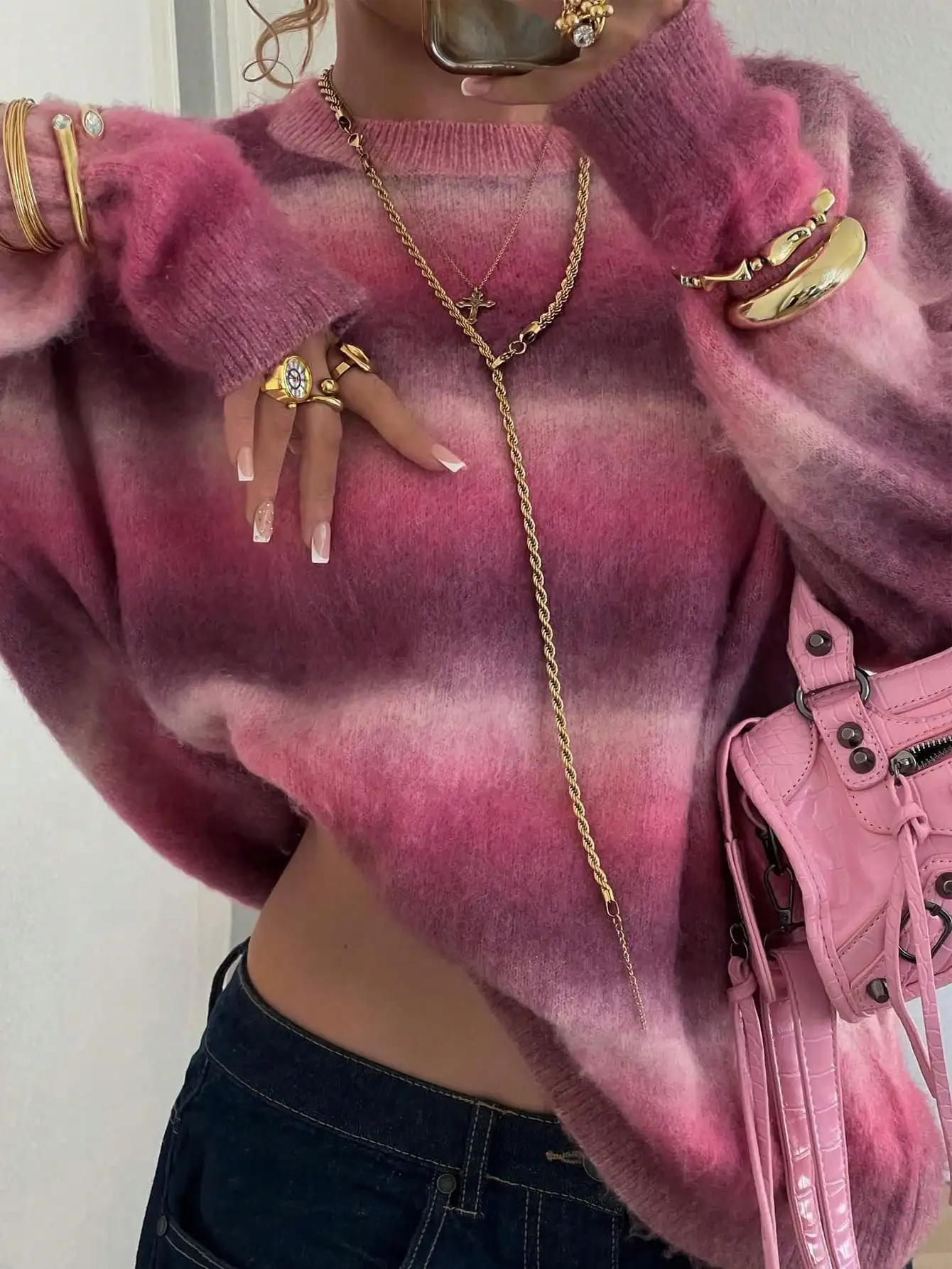 

Women's Gradient Pink Loose Fit Crew Neck Long Sleeve Knit Sweater, Casual Streetwear Style