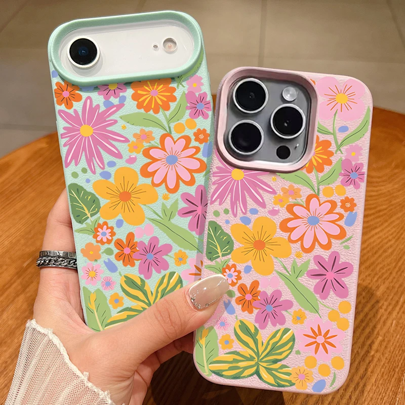 Soft Phone Case For iPhone Air 17 16 15 14 13 12 Pro Max 17 Pro 11 16e Cartoon Flowers Shockproof Leather Texture Silicone Cover - view 3