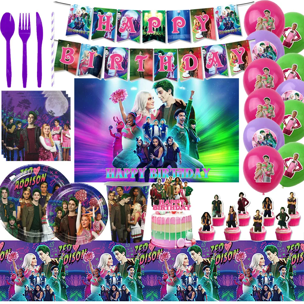 

Disney Zombie High Theme Birthday Party Decoration Zombie Zed Addison Balloon Disposable Tableware Plates Cup Backdrop Banner