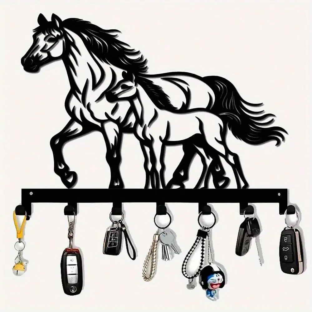 VaultKey Metall-Wandhaken mit 7 Haken für Schlüssel, Handtücher, Mäntel - Rostfreier Organizer für Eingangsbereich & Küche, Pferde-Dekoration