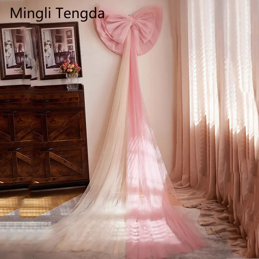 Mingli Tegnda Bride Pink Bow Handmade Large Train Wedding Back Detachable Brdie AccessorIes Tulle Women Mixed Color Exaggerate