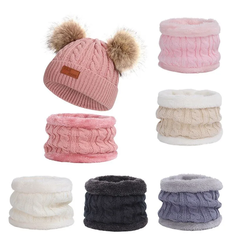 Baby Hat Scarf Set Beanie Cap Children's Hats Girls Caps Fake Ball Pompon Keep Warm Winter Knitted Kids Cap