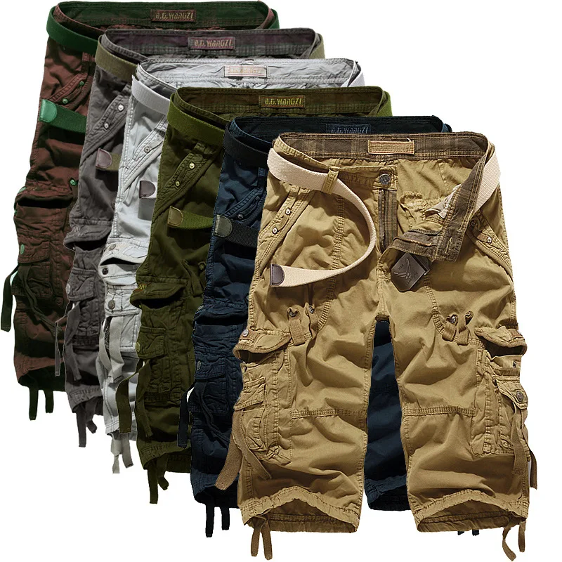 2026 Korean Version of Men's Loose Multi-pocket Overalls Washed Cropped Pants 7-point Pants Loose Cotton