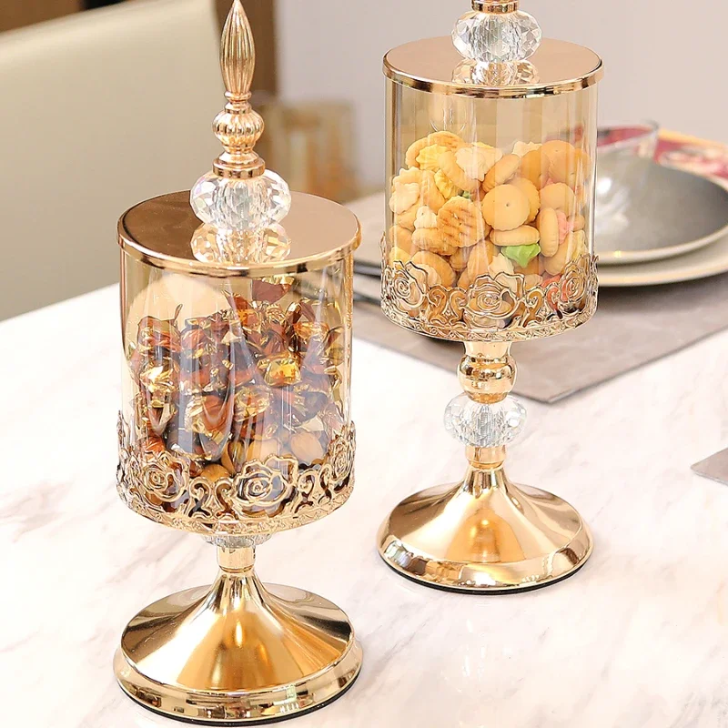 Light luxury crystal glass storage jar with lid, European American style living room, coffee table, lace, candy jar, storage