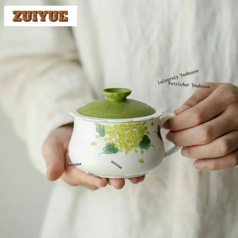 180ml Hand-painted Green Hydrangea Filter Tea Separator Cup Aesthetic Tea Mug With Infuser Tea Maker Office Water Cup Drinkware