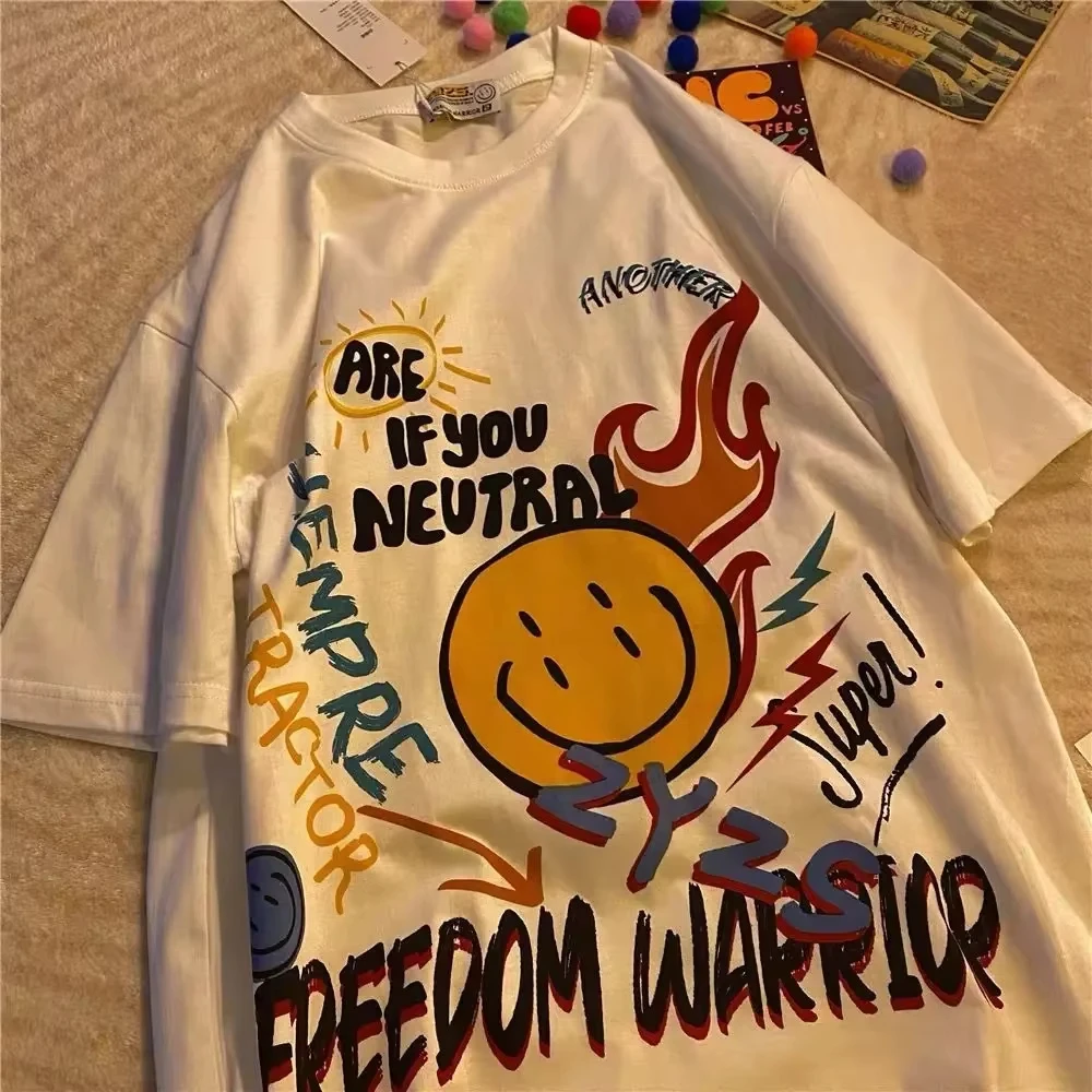 

(MINISO) Негабаритная футболка в стиле Харадзюку с мультяшным принтом инопланетянина, женские уличные топы в стиле хип-хоп, повседневные готические футболки с короткими рукавами Y2k