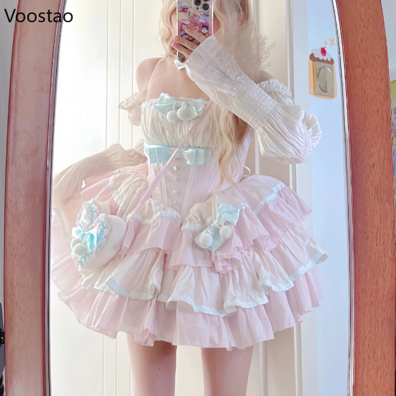 Sweet Lolita OP Dress Japanese Women Harajuku Kawaii Lace Bow Ruffles Evening Party Dresses Female Off Shoulder Princess Dress