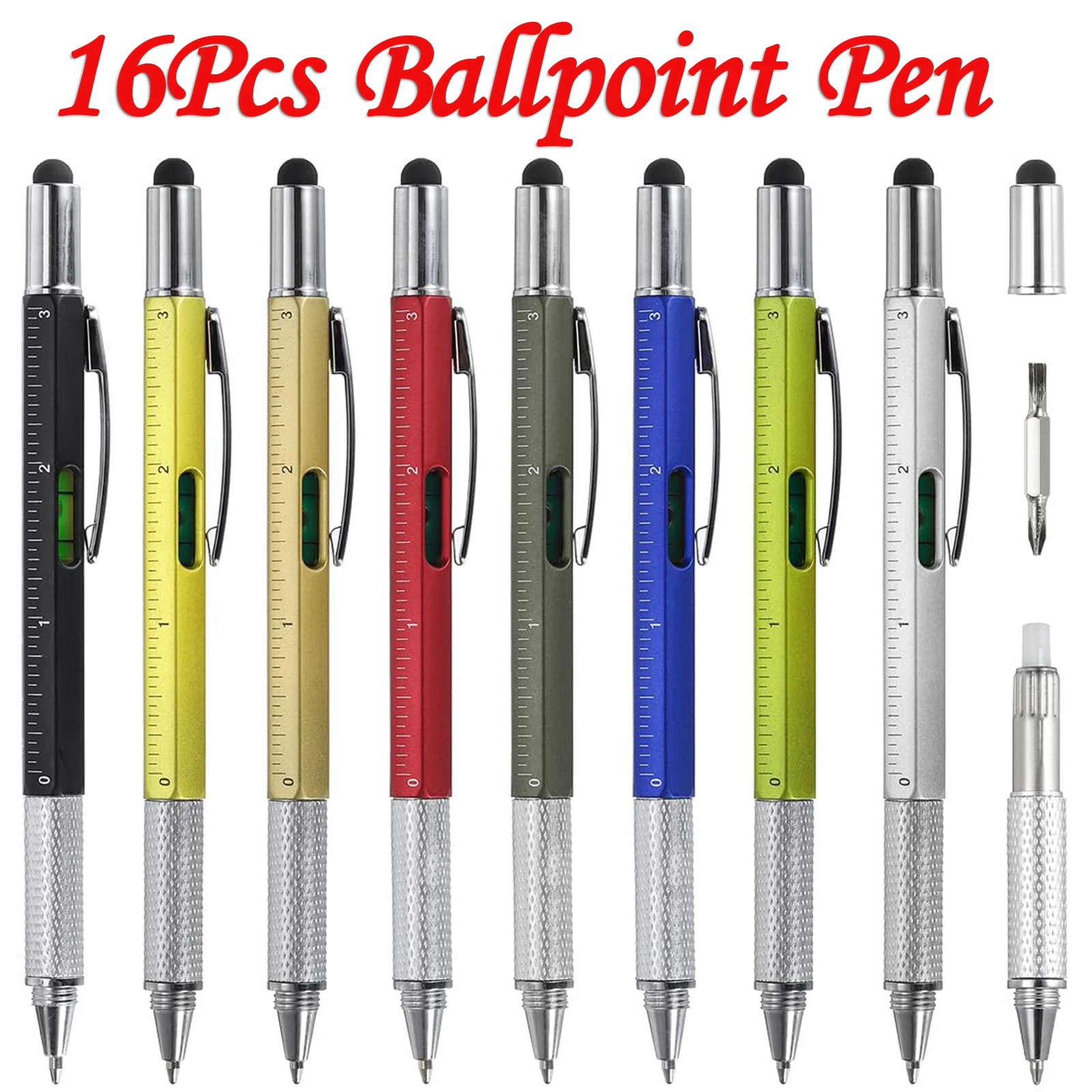 

16PCS 6 in1 Multifunction Ballpoint Pen with Handheld Tool Measure Technical Ruler Screwdriver Touch Screen Stylus Spirit Level