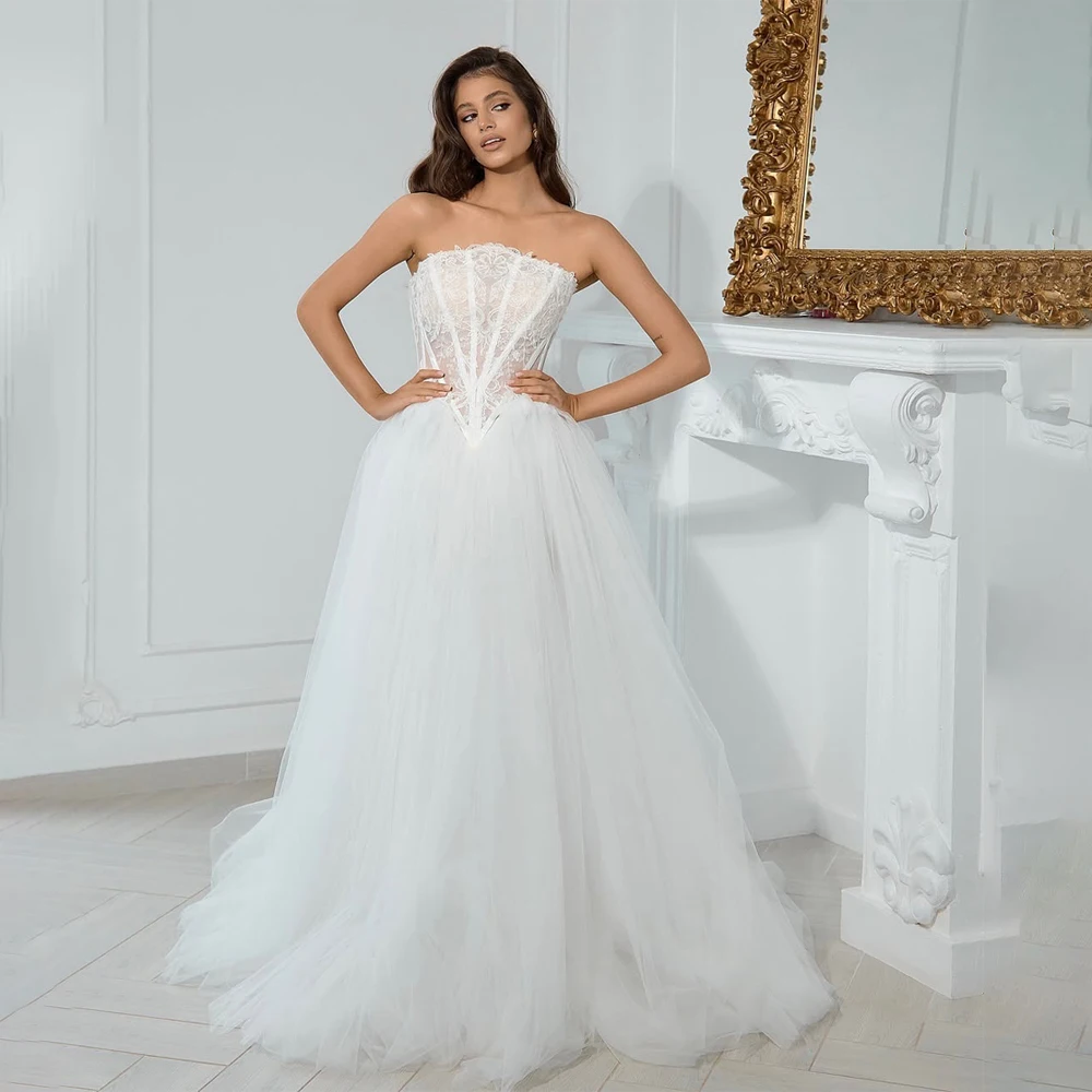 Customized Strapless Tull Wedding Dress Sleeveless A-line Backless Corset Bridal Dresses For Wedding vestidos de novia