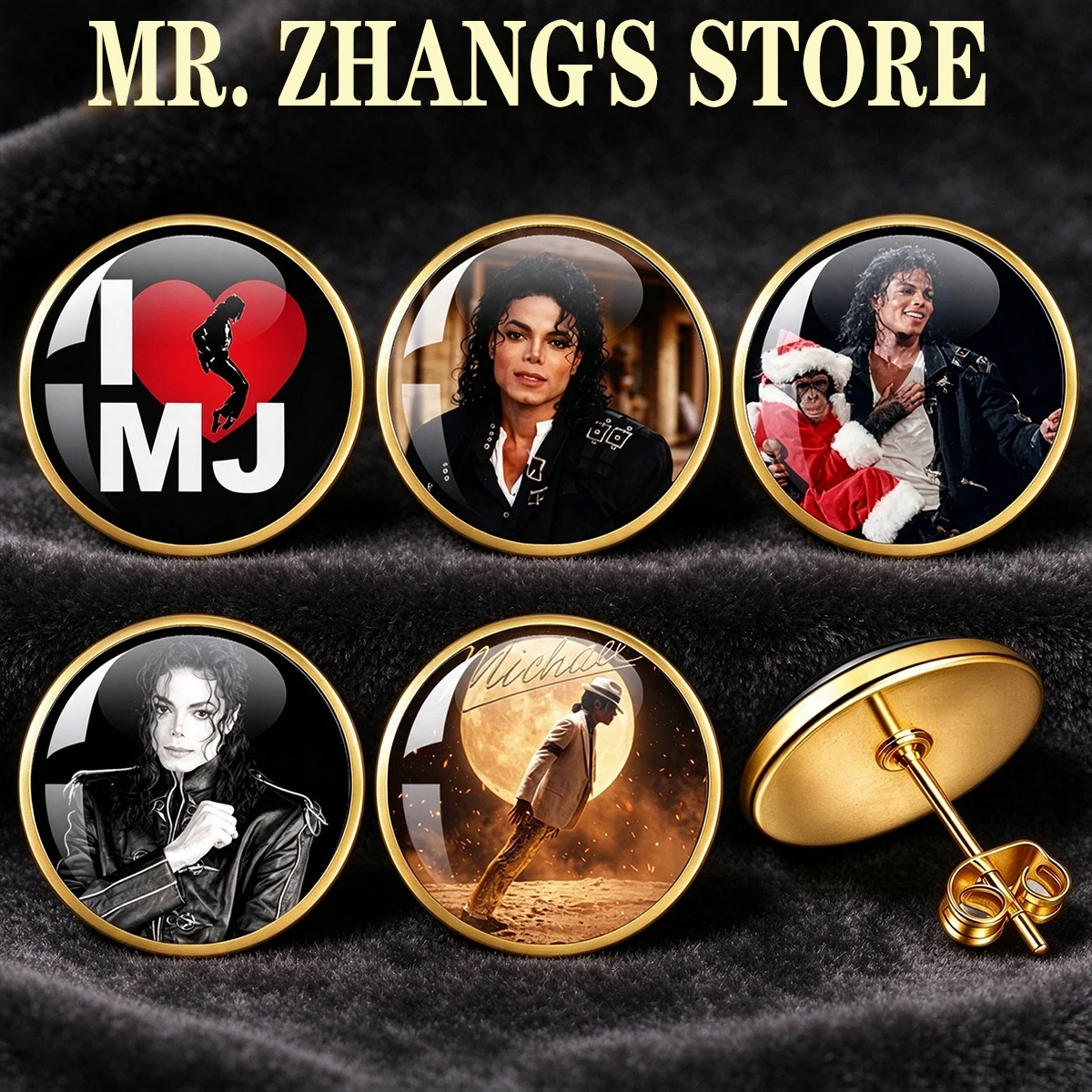 Michael Jackson 12MM Round Glass Cabochon Ear Stud Cover Pendant Versatile Retro Personalized Earrings Accessory TH025