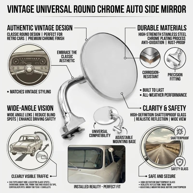 Vintage Classic Car Silver Round Side Mirror Stainless Steel Retro Front Rear Rearview Mirror Classic Exterior Accessories