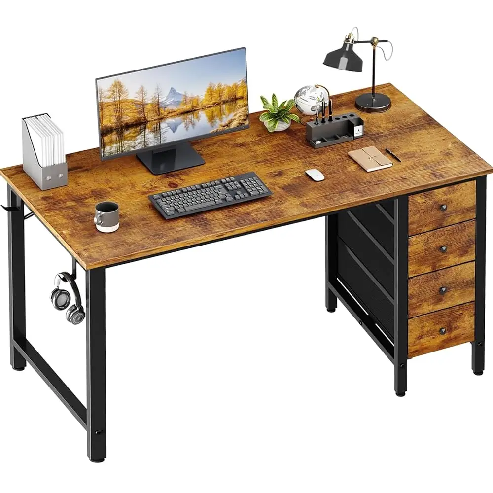 

Computer Desk With Fabric Drawers - 55 H Long Study Work Writing Desk For Home Office Bedroom, Reversible Cute Pc Desks With