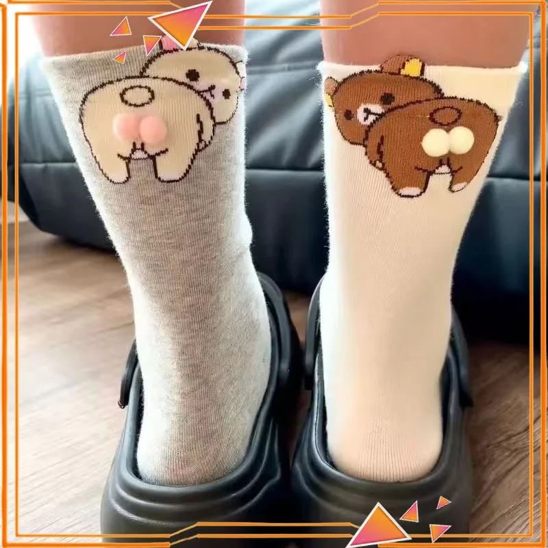 

Cute Cartoon Rilakkuma Egg Couple Socks Women'S Mid-Calf Spring Autumn Funny Socks 3d Design Egg Pattern Couples Socks