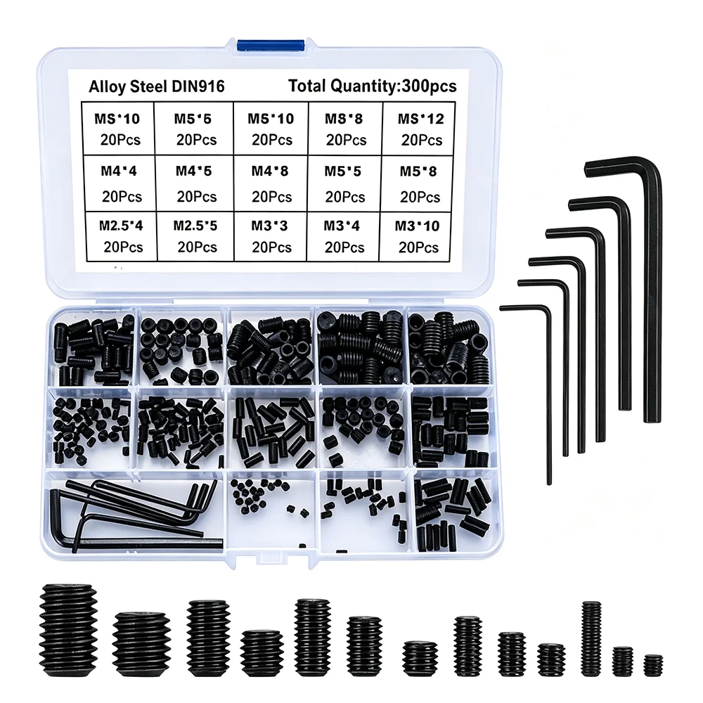 300pcs G12.9 Black Hex Hexagon Socket M2 M2.5 M3 M4 M5 M6 M8 DIN913   Allen Flat Point Grub Bolt Set Screw Kit Box