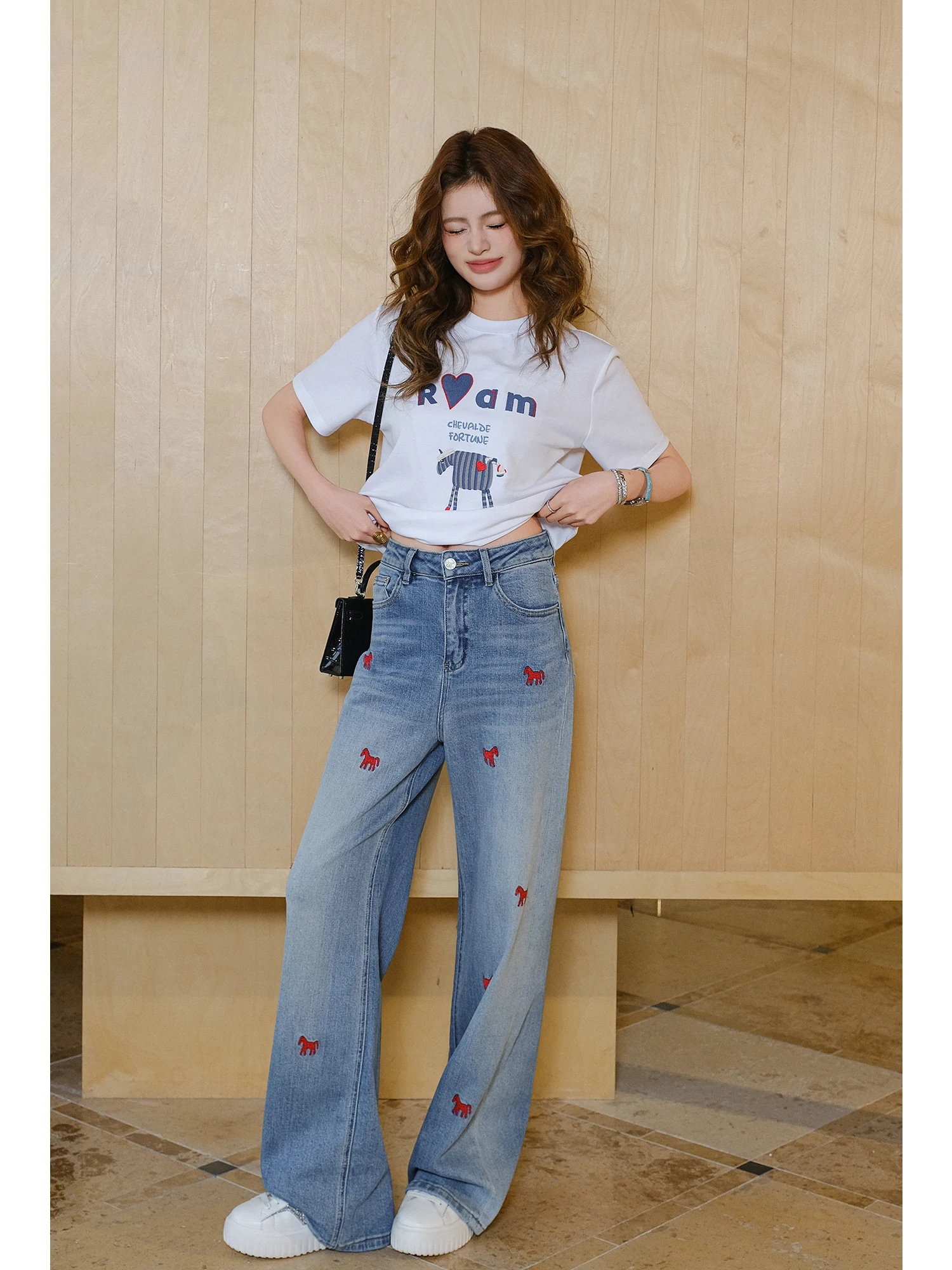 

Джинсы MIUCO в стиле ретро с вышивкой, с высокой талией, широкие, прямого кроя, повседневные, для женщин