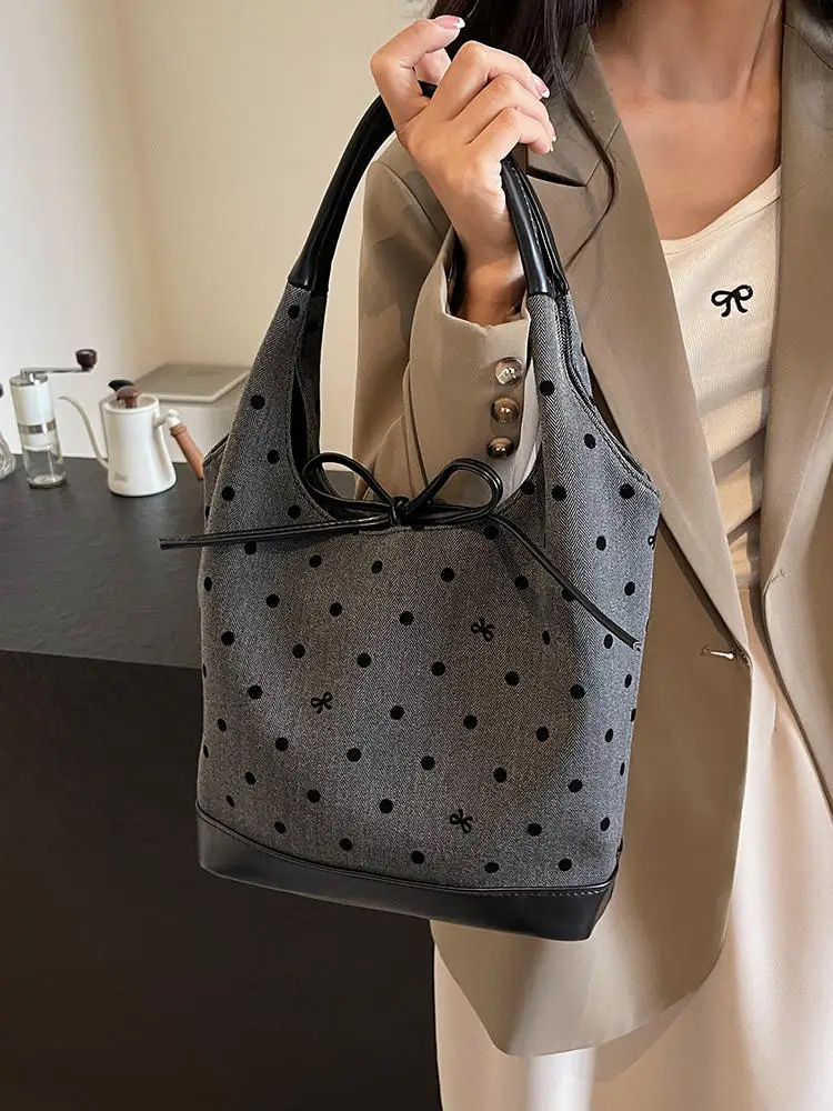 Large Capacity Denim Butchert Bag Korean Version Polka Dot Lace Up Bow Handbag Women 2024 New Fashionable Casual Shoulder Bag