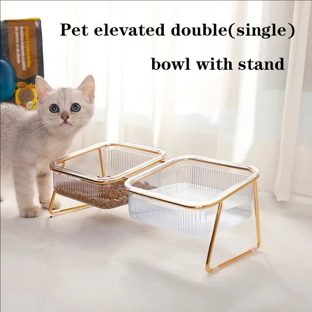 Pet Double Bowl Transparent High Foot Cat Bowl Drink water Cat Food With Golden Stand Raised Water Feeder Dog Bowl Pet Supplies