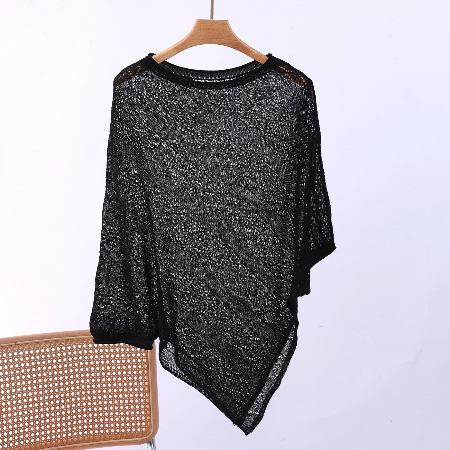 Women Lyocell Hollow Out Knit Poncho Cover Up Round Neck Pullover Irregular Hem Thin Sun Protection Beach Shawl Outerwear
