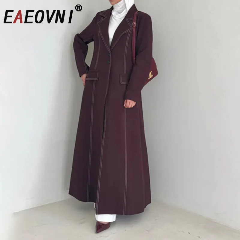 

EAEOVNI Temperament Red Long Bright Line Trench Coat 2025 Autumn Notched Collar Fashion Button Windbreaker Elegant Clothing