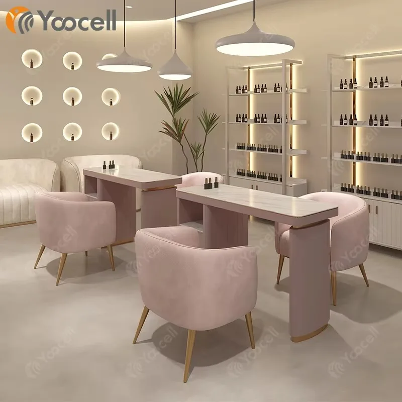 Pink Beauty Furniture Marble Top Vented Manicure Table and Chair with Real Stone Surfaces Double Side Station