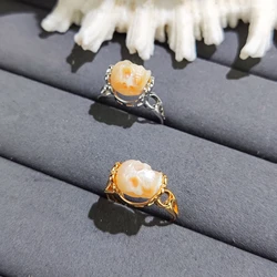 Handmade Carved Pearl Skull Adjustable Ring Gold Plated Fashion Jewelry for Women Anniversary Halloween Gifts